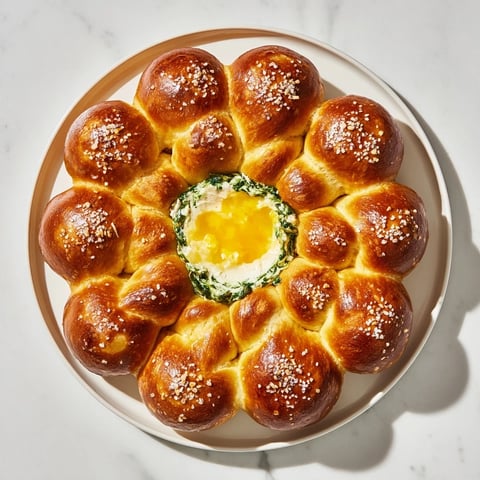 Golden-brown Pretzel Wreath Dip Ring ready to serve with a bubbling, cheesy spinach dip in the center.
