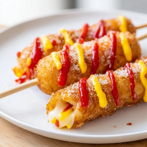 Golden-brown Cheesy Korean Corn Dogs, with a satisfying crunch and gooey cheese pull; ready to eat!