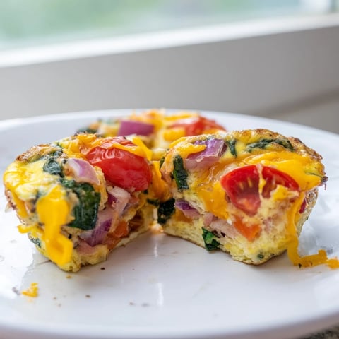 Golden, fluffy Customizable Egg Muffins, brimming with colorful veggies and melted cheddar cheese.