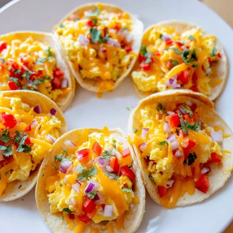 Golden sheet pan breakfast tacos, brimming with cheesy eggs and optional vibrant vegetable toppings.