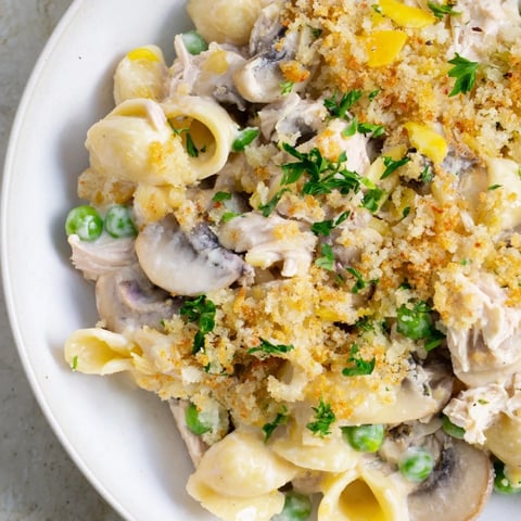 Golden-brown Tuna Noodle Casserole 2.0 with a crispy topping, ready to serve warm.