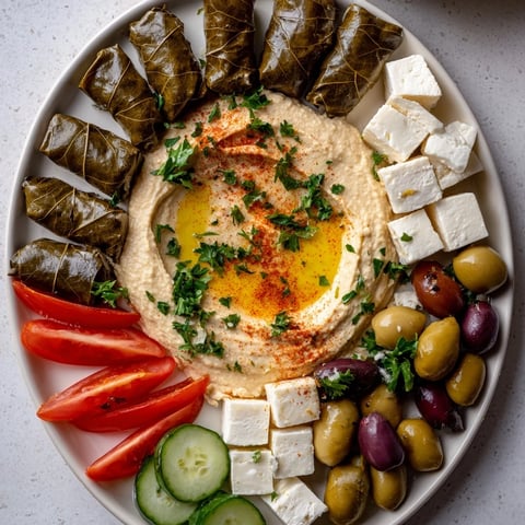 A Turkish meze platter overloaded with colorful Mediterranean treats, featuring creamy hummus and olives.