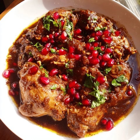 Tender chicken Fesenjan stew simmering in a deep pot, showing a glistening pomegranate sauce.