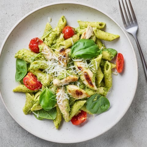 A vibrant plate of Pesto Chicken Pasta features sliced grilled chicken and al dente penne tossed in basil pesto.