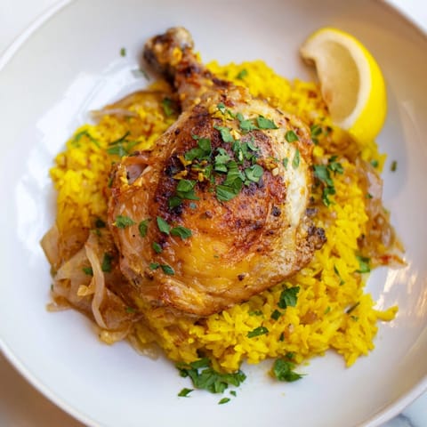 Bright and savory Golden Garlic Lemon Sheet Pan Chicken with fluffy turmeric rice.