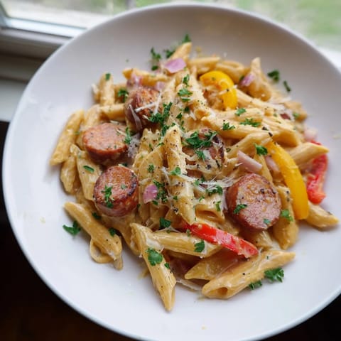 This flavorful Smoked Sausage Cajun Alfredo with Penne is served hot and ready to enjoy with a side.
