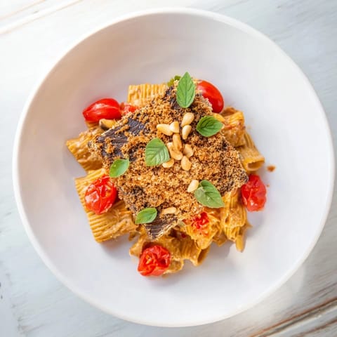Golden-topped Baked Goat Cheese Snowflake Tomato Basil Pasta with roasted tomatoes and basil.