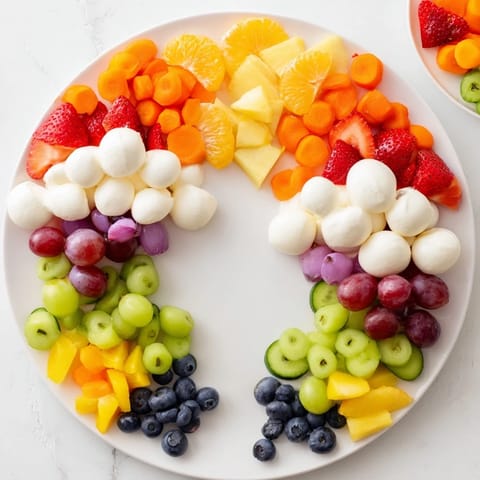 Rainbow Cloud Snack Board bursting with colorful fruits, perfect for a fun and healthy snack.