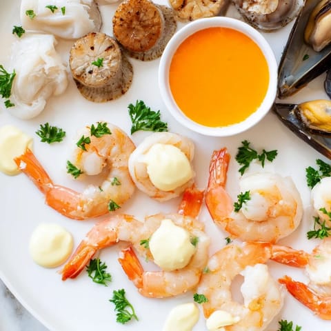 Starfish & Shell Appetizer Board with glistening shrimp and scallops arranged on a wooden board.