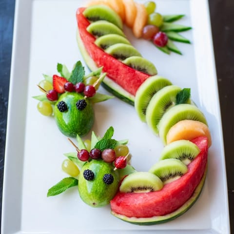 A vibrant dragon-shaped fruit tray, bursting with juicy grapes, melon, and berries, ready to serve!