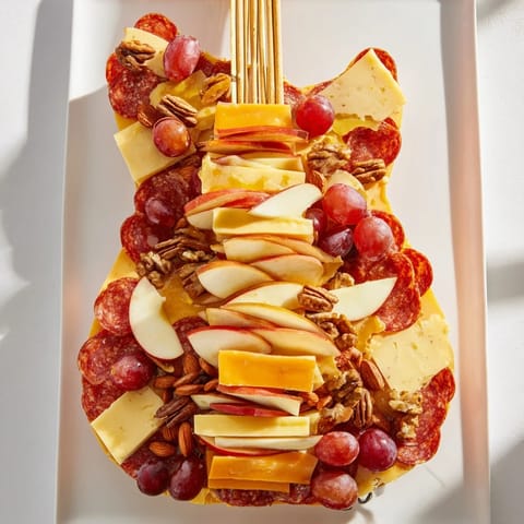 A visually stunning Rock Star Guitar Platter, featuring cheese, meats, and crunchy bites for your party.
