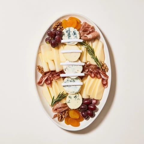 A vibrant rugby ball cheese board, featuring creamy brie and tangy Roquefort, perfect for game-day snacking.