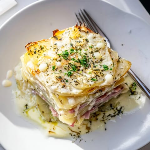 A warm, creamy Plateau Moufle Chaud et Confortable featuring layered potatoes, cheese, and savory ham, delicious!