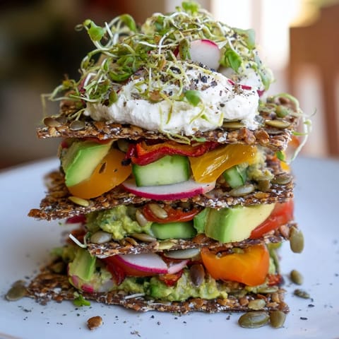 Build this impressive gluten-free gourmet tower, featuring fresh avocado and roasted red peppers, ready to eat!