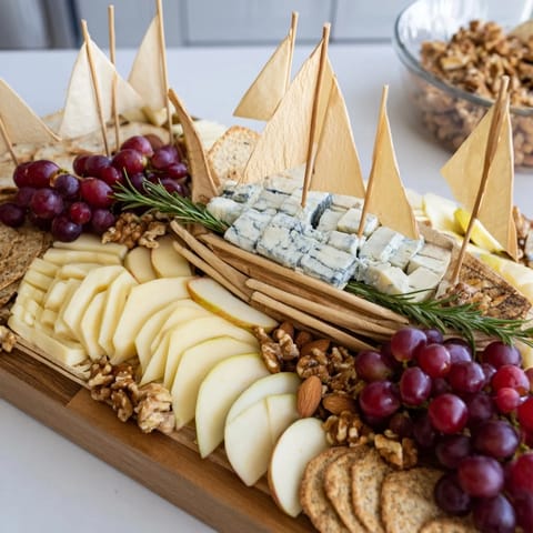 Delicious Sailboat Cheese Platter: a vibrant appetizer with various cheeses, fruits, and nuts arranged beautifully.