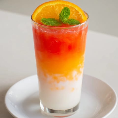 A refreshing Alpine Sunrise, a non-alcoholic drink garnished with orange slices and mint sprigs.
