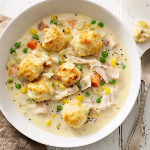 A close-up of a hearty Chicken Cobbler, showcasing a flaky biscuit topping, with a savory, creamy interior.