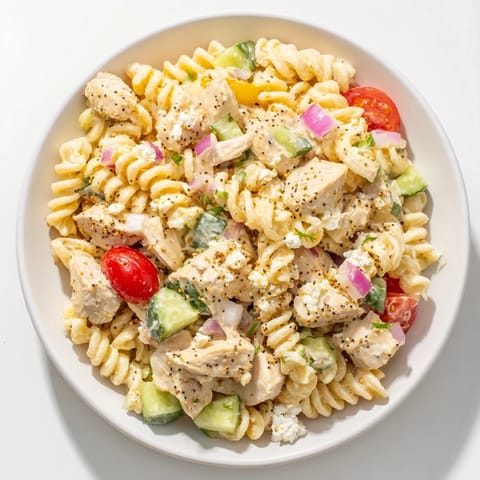 Creamy Everything Bagel Chicken Pasta Salad, bursting with flavors and textures for lunch.