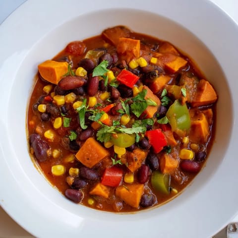 A steaming bowl of Smoky Sweet Potato Chili is served with a lime garnish, ready to eat.