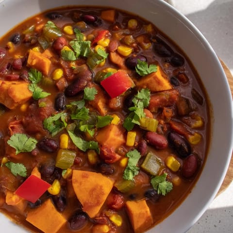 Hearty and flavorful, this Smoky Sweet Potato Chili has a deep red color and inviting aroma.