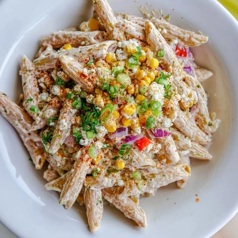 Showcasing creamy Mexican Street Corn Pasta, with visible charred corn kernels and fresh cilantro.