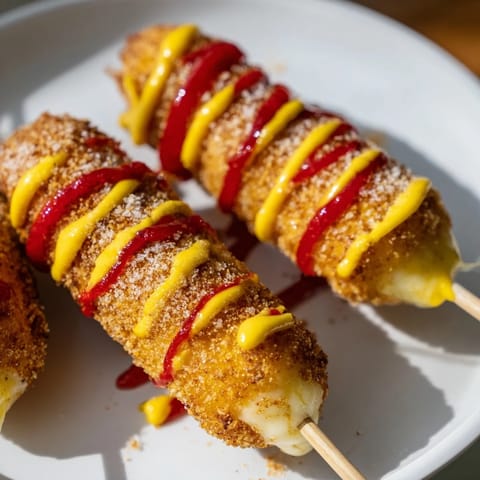 Crispy battered Cheesy Korean Corn Dogs, drizzled with ketchup and mustard, a perfect snack recipe.