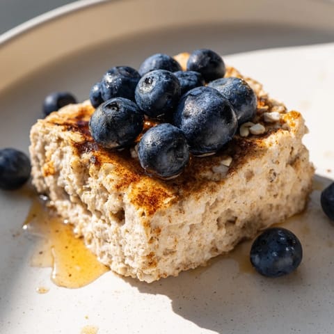 Warm Protein Pancake Oats, fluffy and golden, topped with fresh blueberries for a delicious breakfast.