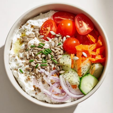 Vibrant Cottage Cheese Snack Bowl with juicy tomatoes, crunchy cucumbers, ready to eat.