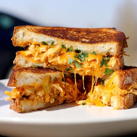 Mouthwatering Savory Butter Chicken Grilled Cheese, perfectly grilled with oozing cheese, ready to eat.
