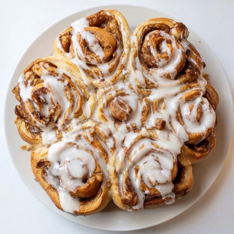 Warm, golden close-up shot of a Cinnamon Roll Pull-Apart Snowflake with sweet vanilla icing drizzled on fresh baked rolls.