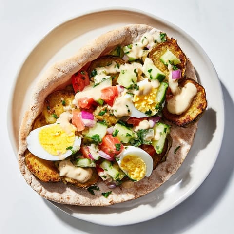 A warm pita pocket overflowing with vibrant Israeli Sabich, Israeli salad, and drizzled sauce.