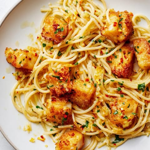 A close-up of flaky white fish and vibrant green parsley on a fork, with a warm pasta dish ready to serve.  