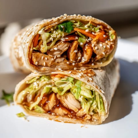 Teriyaki Chicken Wrap served with sesame seeds and cilantro, held in hand for a quick, fresh lunch.