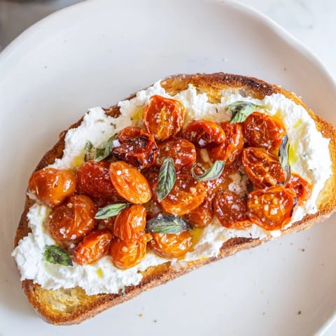 A close-up of Tomato Ricotta Toast with golden sourdough, creamy ricotta, and glistening roasted cherry tomatoes, garnished with fresh basil and flaky sea salt.
