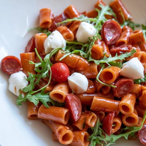 A vibrant, zesty Spring Antipasto Pasta Salad featuring ditalini, pickled vegetables, and juicy cherry tomatoes.