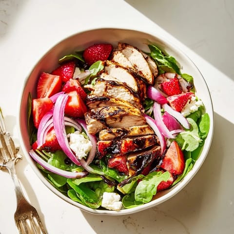 Freshly grilled chicken slices rest atop a vibrant bed of mixed greens, sweet strawberries, and crumbled feta in this Strawberry Balsamic Chicken Salad.  