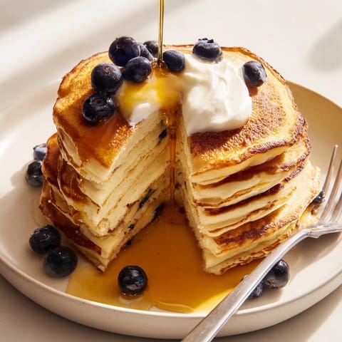 Fluffy Protein Power Pancakes stacked high, topped with fresh berries and a drizzle of maple syrup on a rustic plate.
