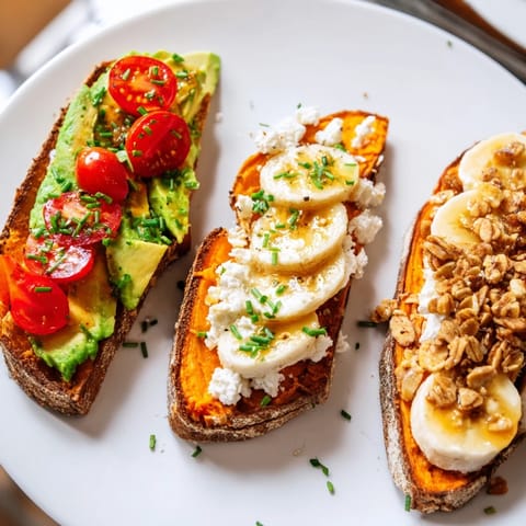 Sweet potato toast variations for breakfast, garnished with sliced banana, peanut butter, and crunchy granola.