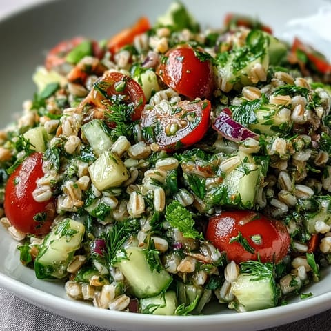 A close-up of Barley and Herb Salad with glossy pearl barley, diced cucumber, and bright cherry tomatoes tossed in a zesty lemon vinaigrette.
