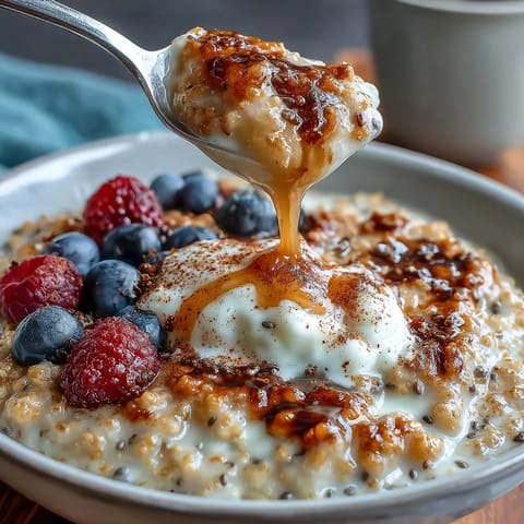Steaming bowl of creamy Millet Porridge With Berries, topped with fresh blueberries and raspberries.