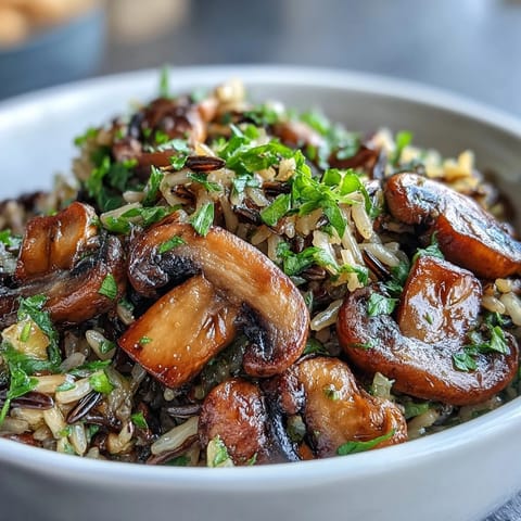 Golden-brown mushroom and wild rice pilaf with toasted almonds, served alongside roasted chicken.