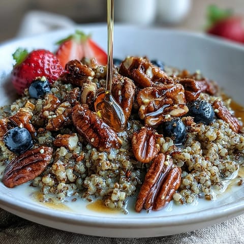 Hearty buckwheat groats breakfast bowl with crunchy nuts and vibrant fresh fruit toppings.