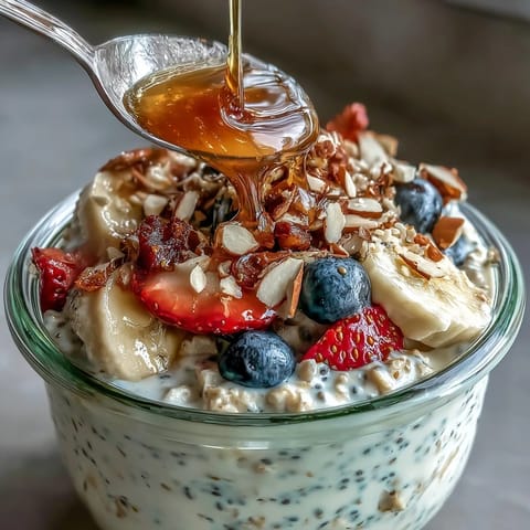 A close-up of Overnight Oats With Chia Seeds with a drizzle of nut butter and chopped nuts, showing a thick creamy texture.