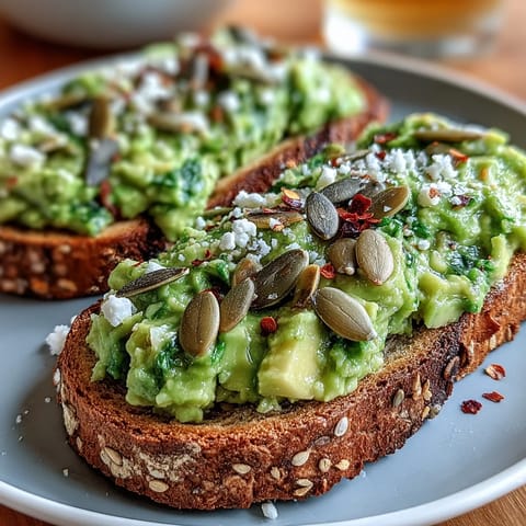 Deliciously simple Avocado Toast on Whole Grain, perfectly ripe, topped with seeds.