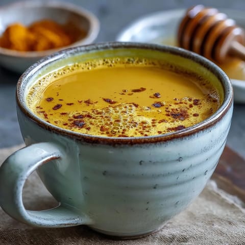 A cozy mug of Turmeric and Ginger Golden Milk next to a honey dipper and fresh ginger root.