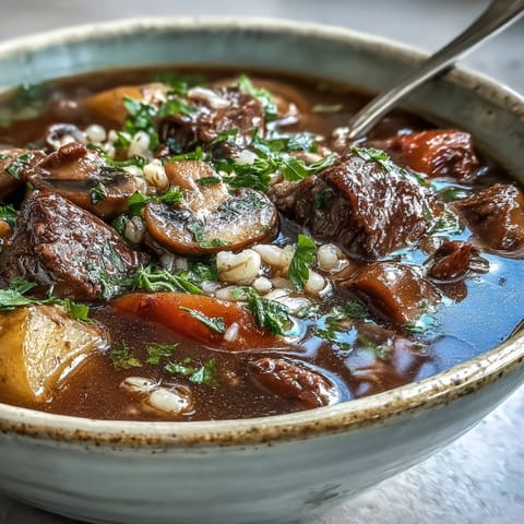Savory Vegetable Beef, Barley, and Mushroom Soup simmering in a Dutch oven with steam rising.