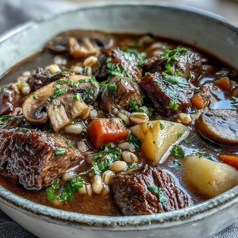 Freshly made Vegetable Beef, Barley, and Mushroom Soup in a rustic bowl with crusty bread.