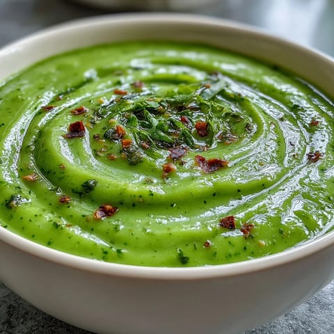 Steaming hot Courgette, Pea and Pesto Soup with a swirl of green pesto, highlighting the creamy blended texture and fresh ingredients.