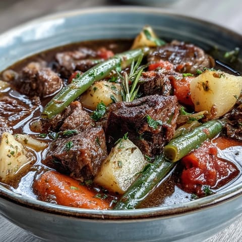 Steaming bowl of Beef and Vegetable Soup with tender beef and colorful root vegetables. 
