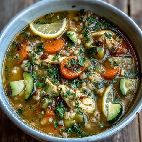 A comforting bowl of golden Soothing Turmeric Chicken With Pearl Barley, garnished with fresh parsley and lemon wedges.
